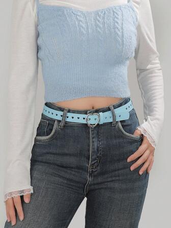 [Chic Belts] Chic Faux Leather Belts | Heart-Shaped Buckle, Casual Style With Eyelet Details, Easy Wipe Clean, Alloy Buckle - Available In Black, Dark Brown, Light Blue, & White