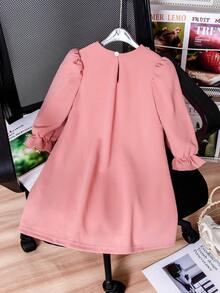 Girls' Pink Pearl Bowknot Dress, Sweet Pink Princess Dress With Pearl Collar + 3D Bowknot, Puff Sleeve Cute Style, Suitable For Birthday Party/Everyday Wear, Spring/Autumn/Winter - Red Violet - View 2