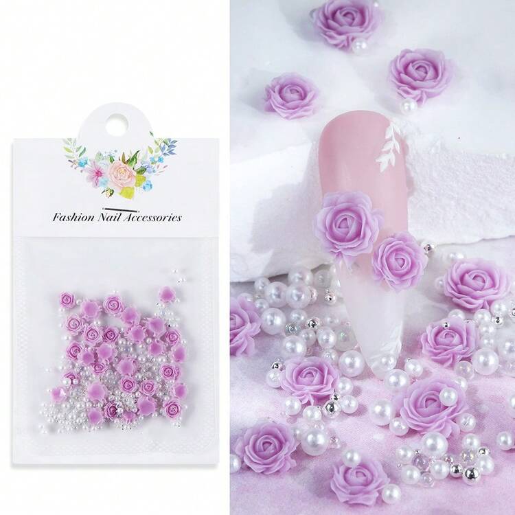 1 bolsa de Flores en relieve 3D de color, capullos de rosa, decoraciones para uñas, suministros para uñas, accesorios de cuentas de tamaño mixto, piezas para uñas para diseño y decoración de salón de uñas de mujeres, 6mm/8mm - Multicolor - Añade 16