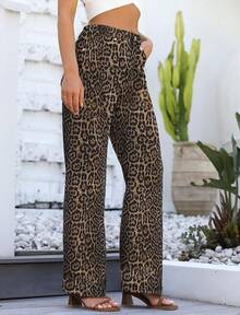 Jeans High Waisted Straight Leg Loose Jeanshalloween - 咖啡豹紋 - 查看 9