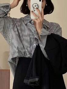 Camisa de rayas de las mujeres de manga larga Tops Loose capas Peplum Azul Blusa de rayas Blusas de Mujer - Negro - Ver 3