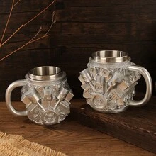 1pc V6/V8 Engine Design Stainless Steel Mug, Resin Exterior With Stainless Steel Inner Layer, Functional Mug With Insulated Handle, Personalized Coffee Cup Ideal For Car Enthusiasts, Men's Travel Mug, Decorative Cup For Living Room, Halloween & Christmas Gift - Silver - View 12