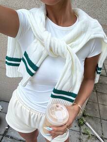 Women's Striped V-Neck Twist Cable Pattern Pullover Sweater, Comfortable College Style Long Sleeve