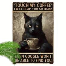 Funny Coffee Enthusiast Metal Sign - "Touch My Coffee, Hit You" Retro Warning Sign With Black Cat Pattern - Heavy Iron Wall Decor For Kitchen, Office, Cafe, Men's Cave Decoration - No Batteries Required - Coffee Enthusiast Gift, Retro Style, Durable, Home Decoration - Multiple - View 1