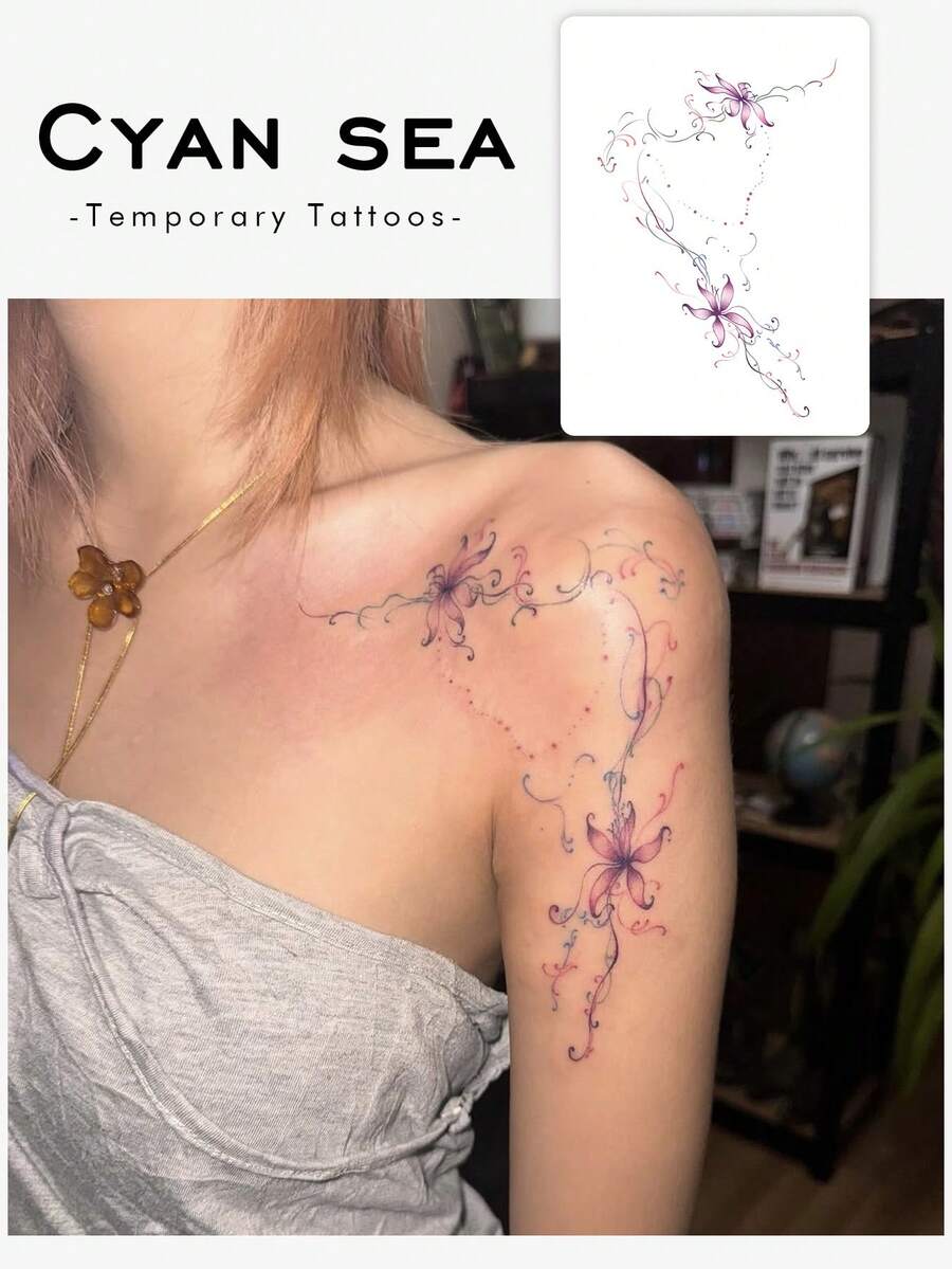 Tatuaje temporal lavable, impermeable, a prueba de sudor y sin reflejo, 1 pieza de tatuaje temporal artístico, colorido y delicado de flor y vid romántica, adecuado para la vida diaria de las personas