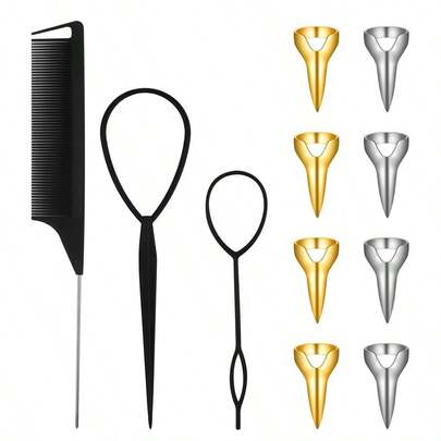 11 Stücke Haar Flechten Werkzeug Ring Set mit 8 Metall Kleinfinger Haar Trennringe/Flechthilfe Finger Trennwerkzeug, 1 Stück Ratte Schwanz Kamm/Flechtkämme/ 2 Trennwerkzeug Ringe für Stich Flechten Finger Werkzeug