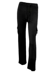 Women's High Waist Yoga Multi-Pocket Overalls Waist Drawstring Design Fabric Elastic Comfortable Casual - màu đen - Xem 3