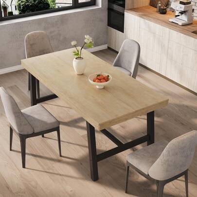 Meiyiu Industrial Dining Table For 4-6 People, 63" Long Wooden Kitchen Table With Sturdy Metal Frame & Natural Wood Finish - Seats 4 Rectangular Counter For Dinner, Kitchen, Dining Room (Chairs Not Included)
