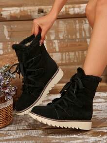 Women's Plush Slip-On Snow Boots, Loose And Warm Fleece Low-Top Snow Boots, Can Be Worn With A Sweater - 黑色 - 查看 2