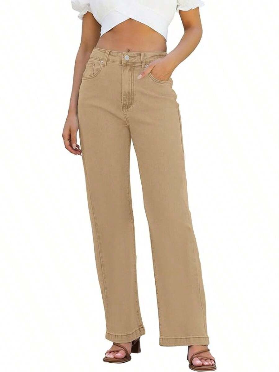 Jeans High Waisted Straight Leg Loose Jeanshalloween - 卡其色 - 查看 1