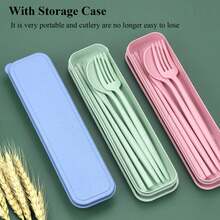 Portable Wheat Straw Utensil Set, 3-Piece Reusable Cutlery Kit With Fork, Spoon, Chopsticks, Lightweight For Travel, Camping, Office Lunch, Alternative To Plastic - Màu sắc ngẫu nhiên - Xem 3
