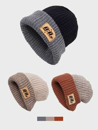 1Pc 新款宽松字母针织帽 大头围 复古日系风 保暖多功能 针织帽 防风 保暖冬帽 针织帽 显瘦 时尚 休闲 涤纶材质 刺绣 秋冬款 时尚男女通用秋冬装