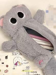 1pc Large Capacity Gray Cat Plush Pencil Case - Soft & Thick Polyester Zipper Pencil Pouch, Adorable Cartoon Design, Ideal For School & Office Supply Storage, Kitty Stationery Bag, Desktop Accessory | Playful Cat Design | Durable Zipper, Cat Accessory
