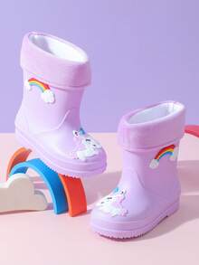 2025 New Children's Mid-Calf Rain Boots, Thick Warm Durable Rubber Boots, Cute Cartoon Plush Fabric High-End, Suitable For Boys And Girls, Elementary School Students, Fresh Style Mid-Calf Rain Boots, Sturdy And Waterproof, Anti-Slip