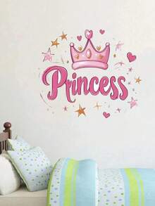 1pc Princess Vinyl Wall Decal, Art Deco Style Pink Crown & Glitter, Self-Adhesive Cartoon Door Sticker For Girls' Bedroom, Glossy Finish, Plastic Surface Compatible, Single Use Decorative Wall Art