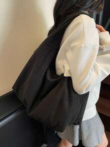 新款纯色休闲单肩流浪包，大容量灯芯绒托特包，女士腋下包带拉链，适合逛街、通勤、上班上学，适合大学生、白领、菜鸟。 - 黑色 - 查看 5