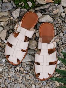 European And American Style Hollow Woven Flat Slide Sandals, Versatile To Pair With Dresses, Beach, Vintage, Minimalist Slip-On Breathable Non-Slip Casual Mules For Women - Apricot - View 6