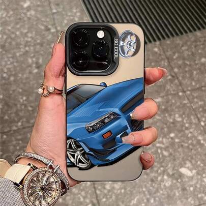 Blue Sports Car Drift Phone Case, Minimalist Style, Compatible With IPhone 16 Pro Max/15 Pro/14 Plus/13/12/11 Pro Max, Sporty Racing Car Matte Texture Shockproof Phone Protective Cover