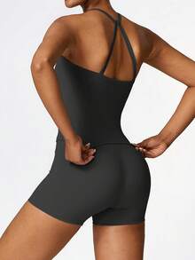 2 PCS Set Women's Sports Suit Vest Fitness Suit Tight Running Vest And Shorts Set High Stretch Fitness Yoga Top Tank Home Casual Comfortable Skin Friendly Suit - 黑色 - 查看 3