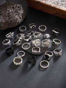 24 件哥特式骷髅吊饰戒指套装，时尚街头嘻哈男士珠宝 - 復古銀色 - 查看 3