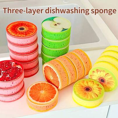 5 فرش تنظيف إسفنجية بنمط الفاكهة، برتقالي حيوي، تفاحة وزهري ذو طبقات ثلاثية بنمط الفاكهة، إسفنجة غسيل الأواني من البوليستر، أداة تنظيف المطبخ، لاكسسوارات غسيل الأواني والأواني والأدوات المنزلية