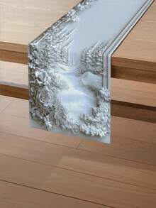 1 件冬季雪景森林花卉桌旗 - 涤纶压花雪景森林，配以松树、玫瑰和浆果设计，适合情人节、圣诞节、家居装饰 - 厨房餐桌、咖啡桌、客厅装饰布、冬季仙境装饰（13x35.4/47.2/63/72/78.7 英寸） - 銀色 - 查看 3