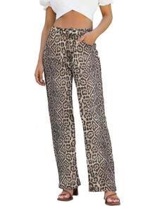 Jeans High Waisted Straight Leg Loose Jeanshalloween - 灰色豹紋 - 查看 1