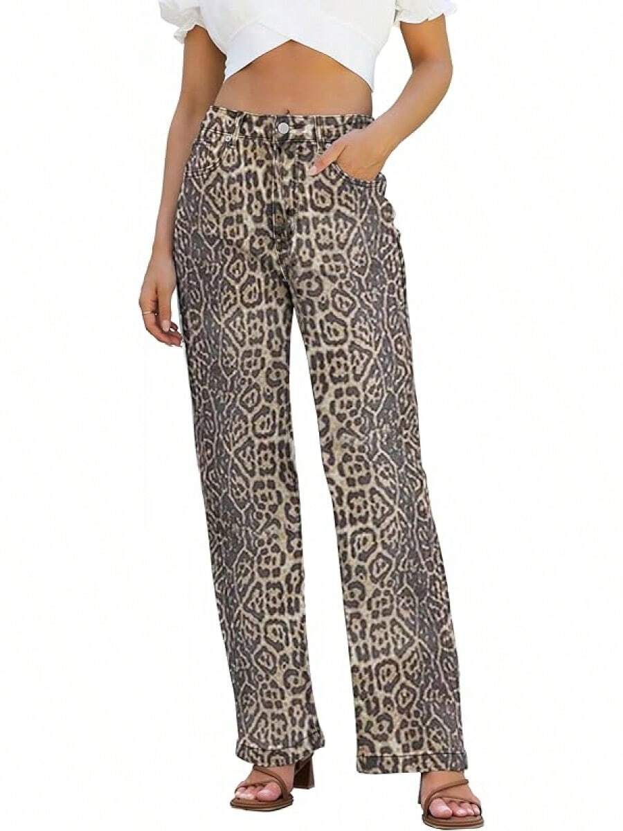 Jeans High Waisted Straight Leg Loose Jeanshalloween - 灰色豹紋 - 查看 1