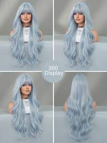 7JHH WIGS Blue Highlight Wigs Loose Extra Long Wavy Wigs For Women, Synthetic Wave Curly Wig With Bangs, Silky Soft Heat Resistant Fiber Hair For Halloween Cosplay Wear, Music Festivals Celebrations Party Use 30 Inch - 挑染藍色 - 查看 4