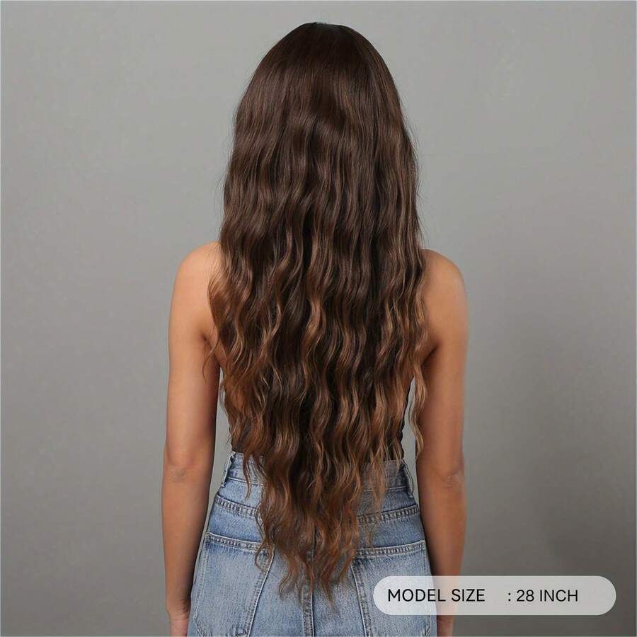 7JHH WIGS Ombre Dark To Light Brown Wig Loose Extra Long Wavy Wigs For Women, Synthetic Wave Curly Wig With Bangs Dark Roots Hairline, Silky Soft Heat Resistant Fiber Hair For Daily Wear, Music Festivals Celebrations Party Use 28 Inch - Light Brown - 查看 1