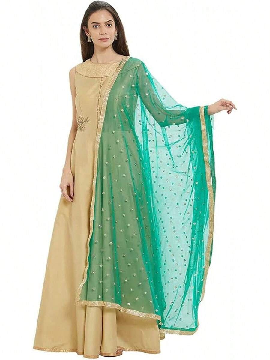 Woman's Embellished Net Dupatta Scarf Shawl Wrap Soft Bridal Wedding - 翡翠綠 - 查看 1