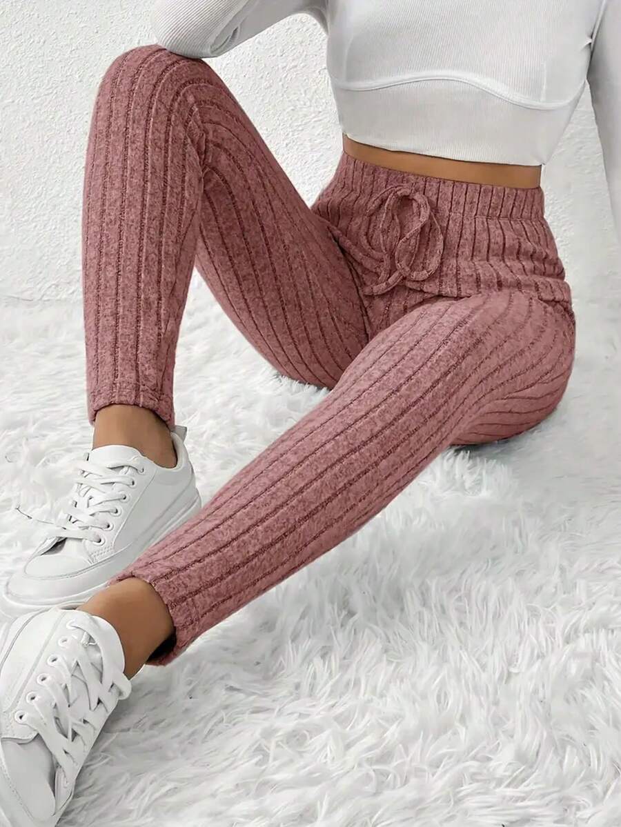 Autumn And Winter Slim Fit High Waist Solid Color Plain Knitted Elastic Fleece Large Ribbed Waist Home Leisure Tights Women's Style - Hồng - Xem 1