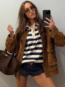 秋冬飞行员夹克女士外套麂皮夹克女士街头服饰假日女士大衣拉链新款大衣 - 咖啡棕 - 查看 3