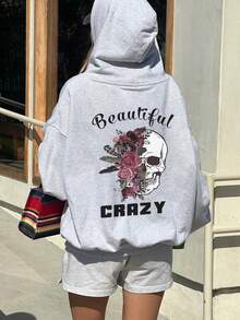 Áo hoodie nữ in họa tiết hoa hồng mùa thu/đông, phong cách đường phố thường ngày và đa năng cho mùa xuân. - Xám đậm - Xem 8