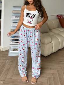 Sanrio 2 件套 Hello Kitty 印花女式吊带短款上衣 + 松紧腰直筒裤睡衣套装 - 藍色 - 查看 5