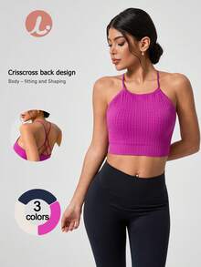 Leorrey 1pc Women's Comfortable Fitted Fashionable Solid Color Crew Neck Sleeveless Sexy Crop Top For Outdoor Fitness Workout Running Yoga - Purple - View 4