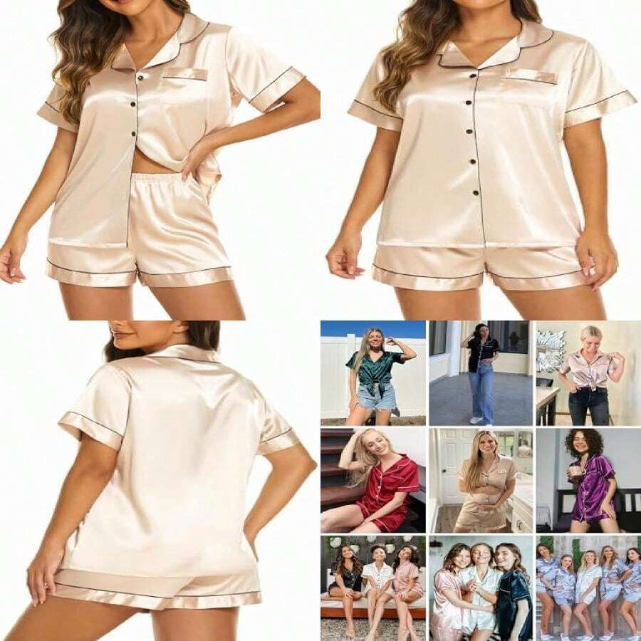 Women's Silk Pajamas Set, Satin 2-Piece, Short Sleeve, Sleep & Lounge, S-XXL Petite Plus Size Medium Champagne - 預設 - 查看 1