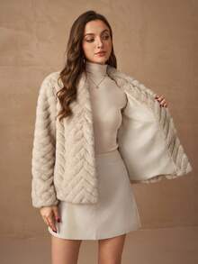 Women's Solid Apricot V-Neck Long Sleeve Faux Fur Geometric Pattern Elegant Fuzzy Jacket, Suitable For Daily, Commute, Business, Casual Wear