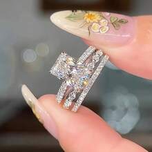 Retro Three-Piece Set, Shiny Stacked Synthetic Zirconia Ring, Bride Engagement, Wedding Anniversary, Birthstone, Couple Ring Set, Valentine's Day And Christmas Gift, High-Quality Jewelry For Women - 銀色 - 查看 6