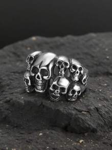 1 buc Inel bărbătesc din oțel inoxidabil, stil vintage, cu craniu 3D, montură tip cluster, perfect pentru Halloween și ținute cool de stradă