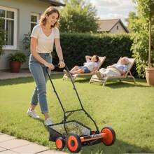 Push Reel Lawn Mower 18 Inch, 5 Blades Manual Push Mower No Motor, 1.37-2.44 In Adjustable Cutting Height, Walk-Behind Lawn Mowers With Grass Catcher Bag For Green Lawns, Driveways, Courtyards