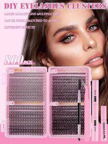 800pcs D-Curl High Capacity Individual Lashes Set, Includes Adhesive, Sealant, Makeup Remover, Lash Brush, Tweezers, Creates Soft Natural Fluffy Segmented False Lashes, Suitable For DIY At Home, Daily Wear, Travel, Photography, Parties, Weddings, 10D, 20D, 30D, 40D, 50D, 60D, 80D, 100D Mixed Styles - Black - View 7