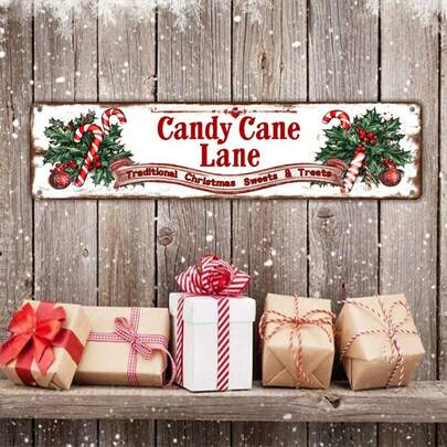 Metallskylt med julmotiv och godisstång, traditionell väggdekoration med godis och dessert, förborrade hål, vattentät, lämplig för inomhus- och utomhusvisning, 10,16x40,64 cm (slumpmässigt hålmönster skickas)