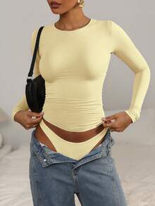 优雅百搭的女士纯色圆领长袖褶皱修身T恤，适合夏季和秋冬季节休闲穿着。 - 淡黃色 - 查看 6