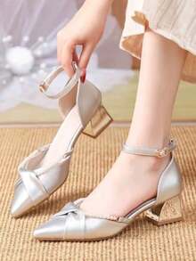 Zapatos de tacón altos elegantes y sofisticados para mujer, con tacón grueso, punta afilada, diseño hueco y estilo versátil. - Plateado - Ver 1