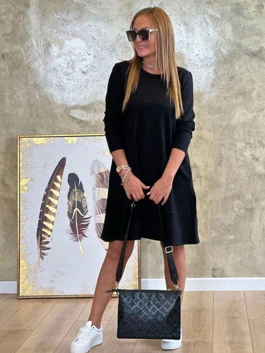 Women's Long Sleeve Crew Neck Pocket Detail Ruffle Hem Two Thread Dress, 11325 - Black - View 1