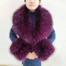 Fur Collar Cuffs Set Warm Fur Scarf Winter Women Fluffy Large Shawl Furry Scarves - Purplish Red - 查看 2
