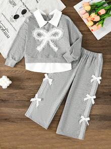 2pcs Back To School Girls' Spring/Autumn Lace Bow Collar Color Block Long Sleeve Top + Lace Bow Decor Pants Set, Fashionable Sporty Collegiate Style Outfit For Girls