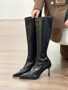 Giày bốt cao đến đầu gối dáng ôm, mũi nhọn phong cách Châu Âu & Mỹ dành cho nữ, bốt cao cổ gót mỏng, cổ cao, có khóa kéo phía sau, Thu/Đông 2025, Giày cao gót mèo con - màu đen - Xem 7