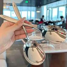 超大不锈钢餐勺，长柄大汤勺，抛光表面耐用厚实设计，适用于家庭、酒店、自助餐厅和餐厅，耐用厨具，烹饪，自助餐勺 - 銀色 - 查看 5